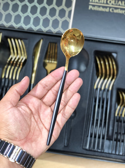 24 Pcs Premium Stainless Steel Dining Cutlery Set Golden Black