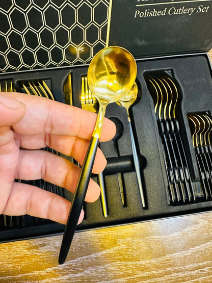 High Quality Polished Cutlery Set – 24 Piece Black & Gold