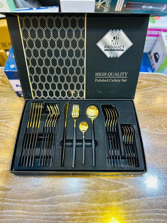 High Quality Polished Cutlery Set – 24 Piece Black & Gold