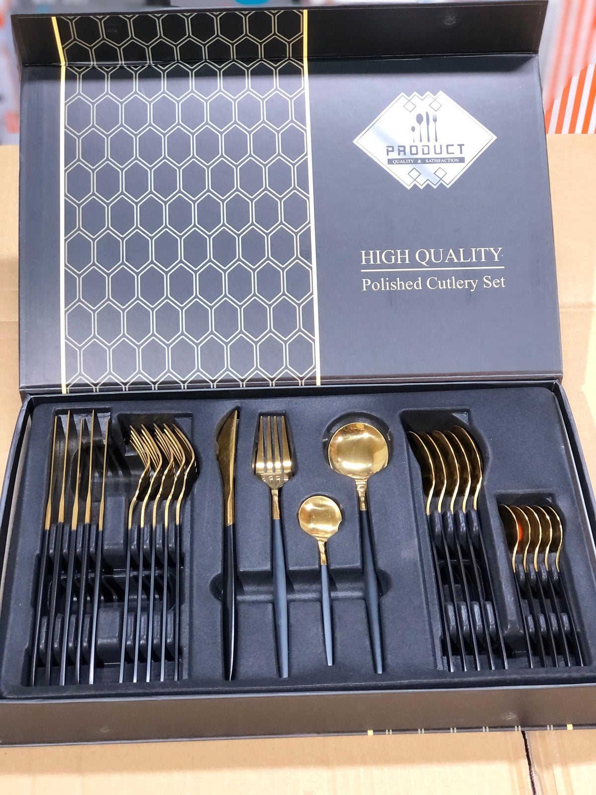 24 Pcs Premium Stainless Steel Dining Cutlery Set Golden Black