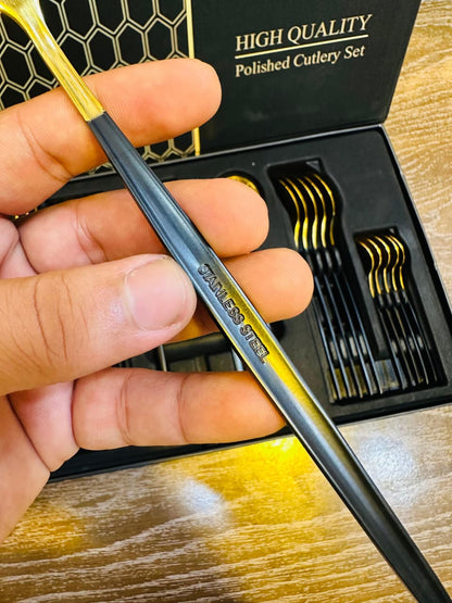 High Quality Polished Cutlery Set – 24 Piece Black & Gold